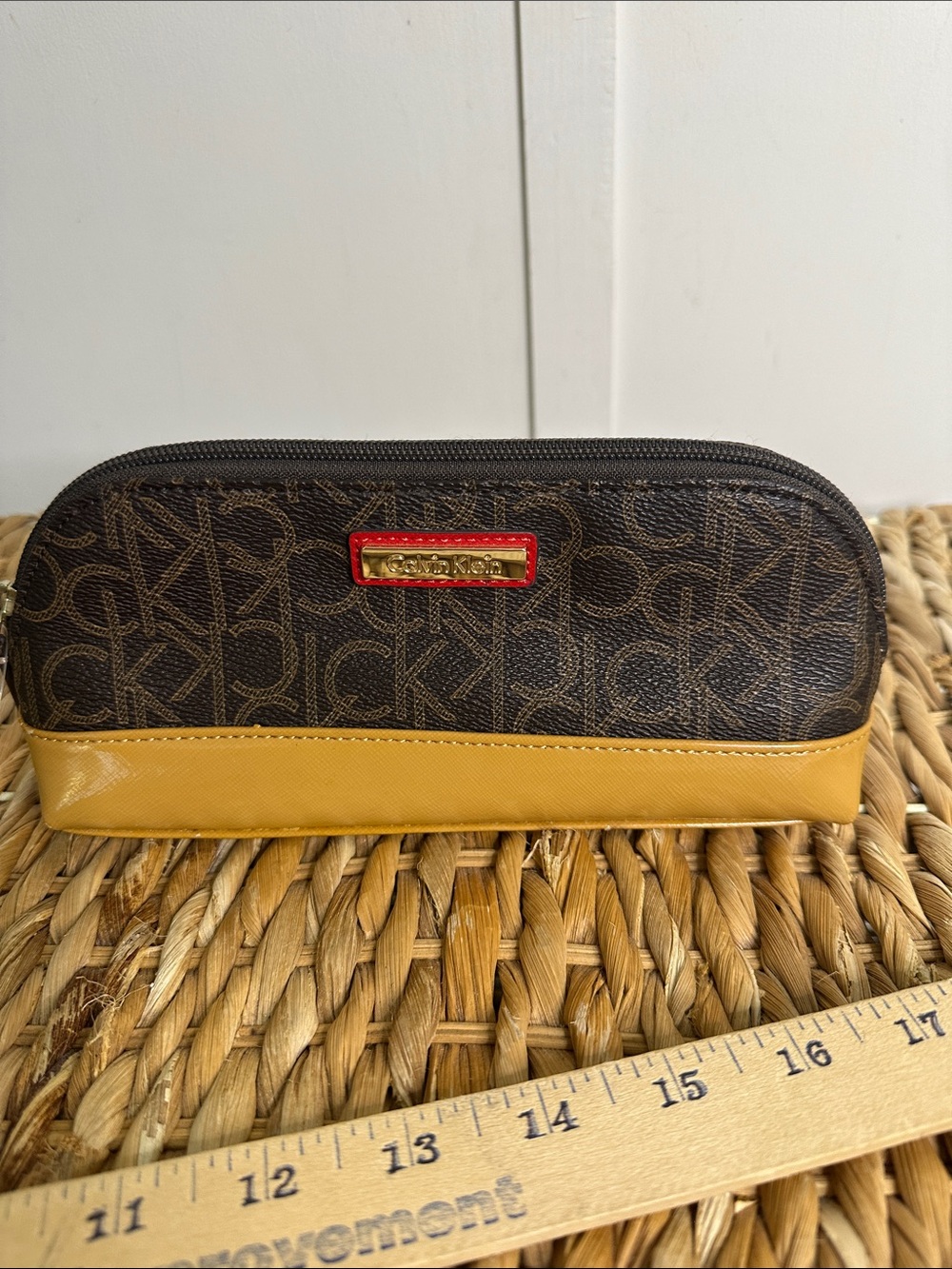 Calvin Klein Brown Monogram Cosmetic Pouch with Mustard Tri